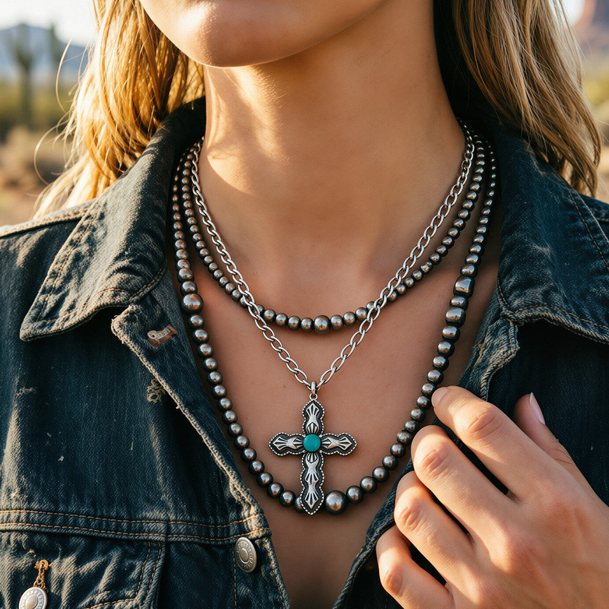 Vintage Silver Beaded Cross Necklace