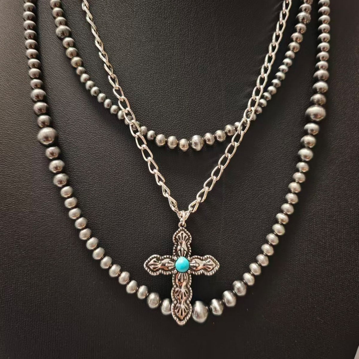 Vintage Silver Beaded Cross Necklace