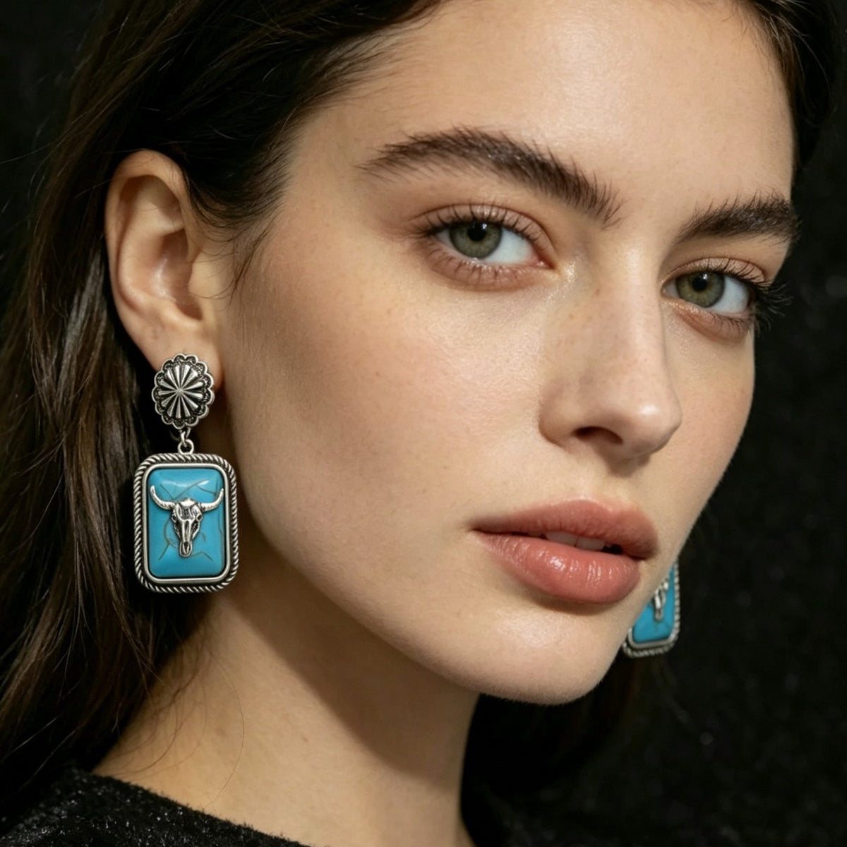 Vintage Turquoise Bull Skull Dangle Earrings