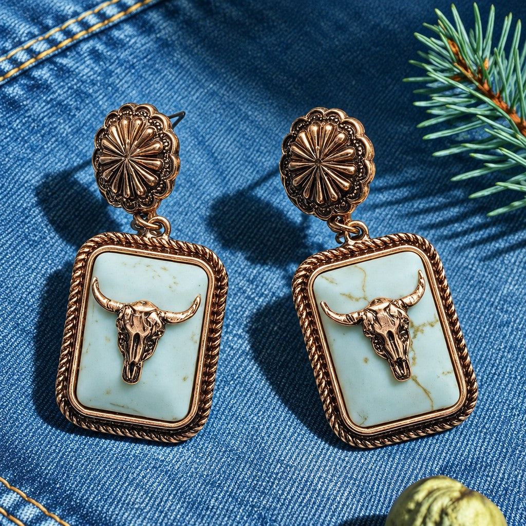 Vintage Turquoise Bull Skull Dangle Earrings