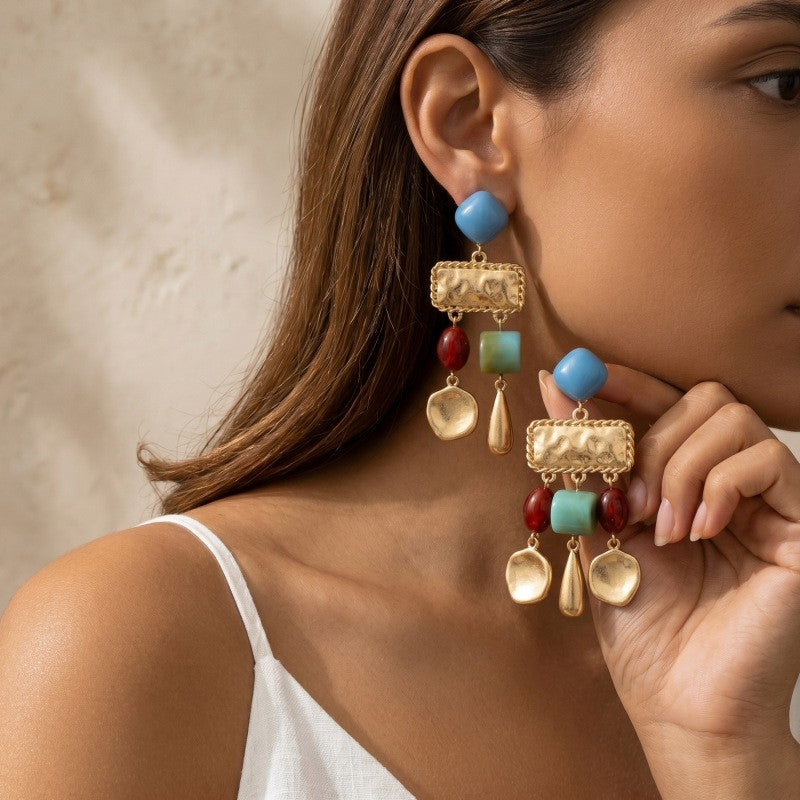 Boho Multicolor Geometric Block Earrings