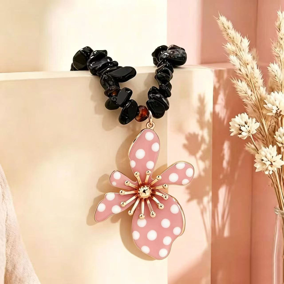Boho Black Polka Dot Flower Necklace