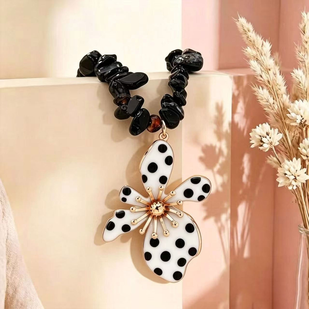 Boho Black Polka Dot Flower Necklace