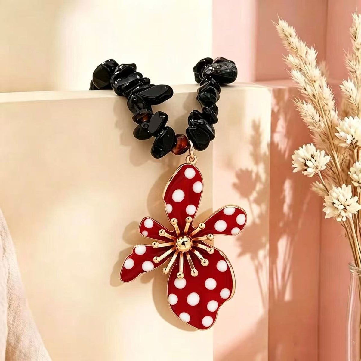Boho Black Polka Dot Flower Necklace