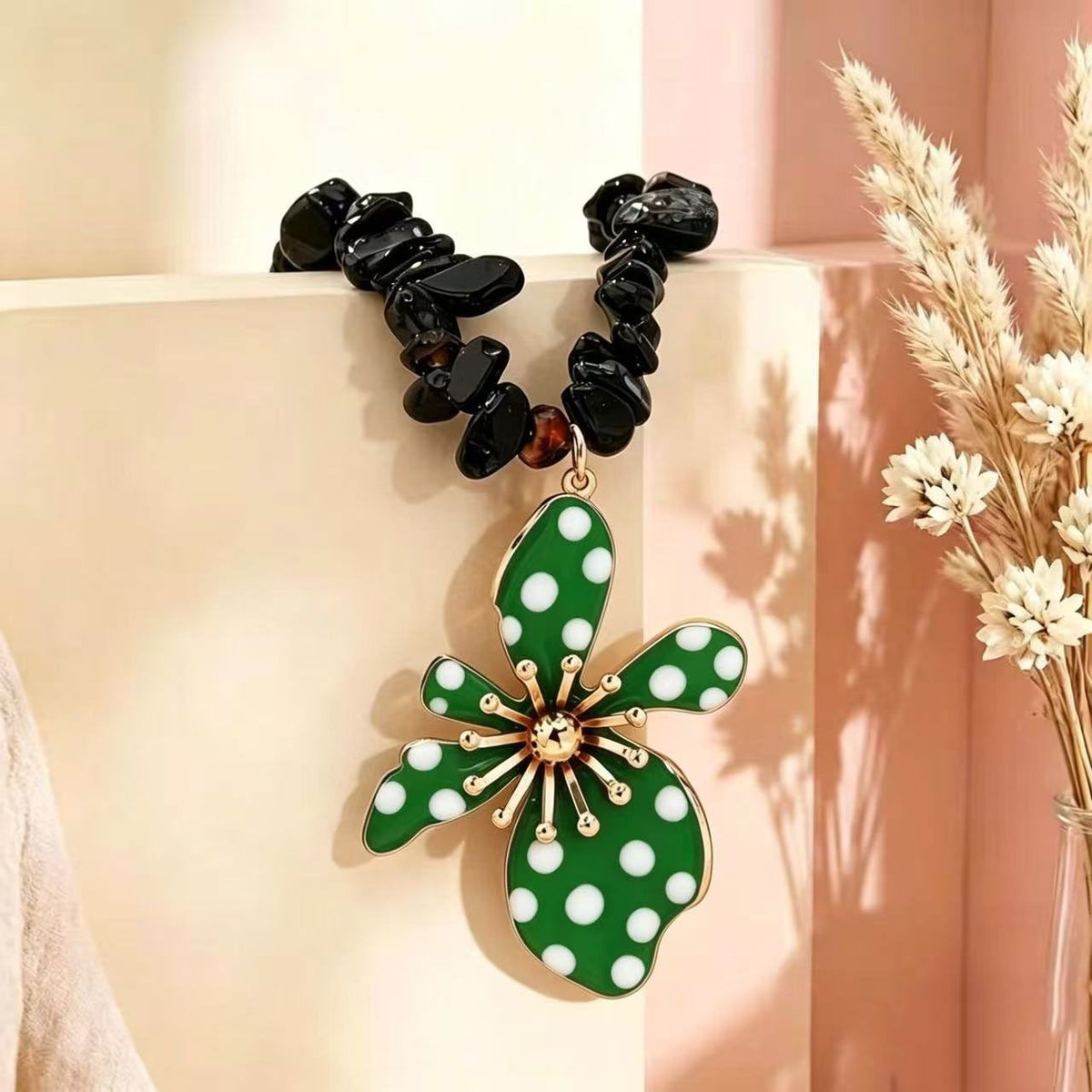 Boho Black Polka Dot Flower Necklace