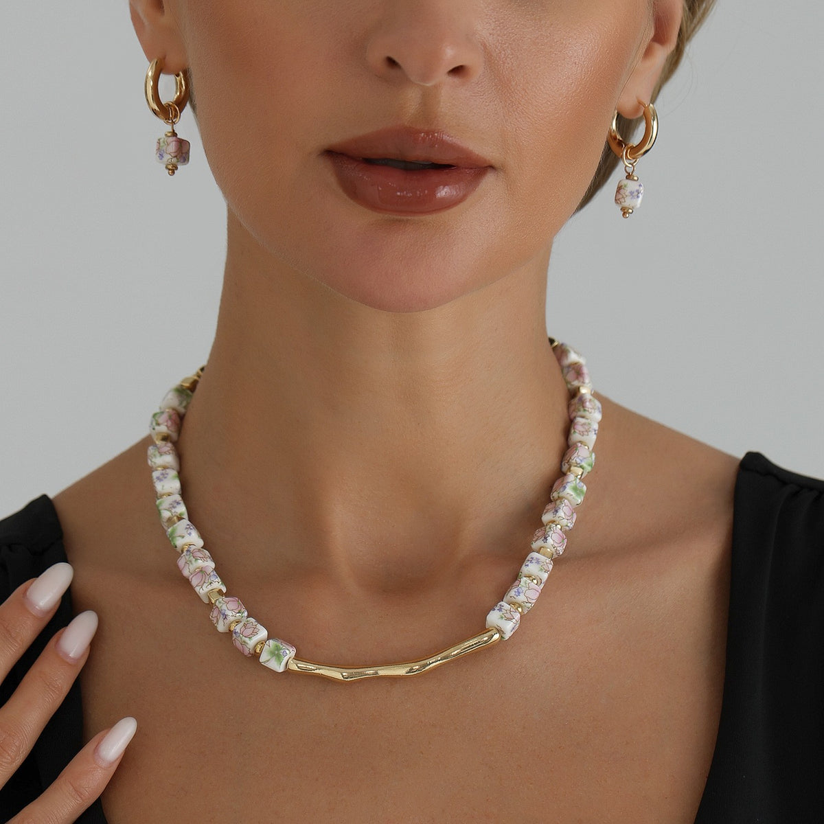 Romantic Floral Ceramic Square Bead Necklace, Earring Set