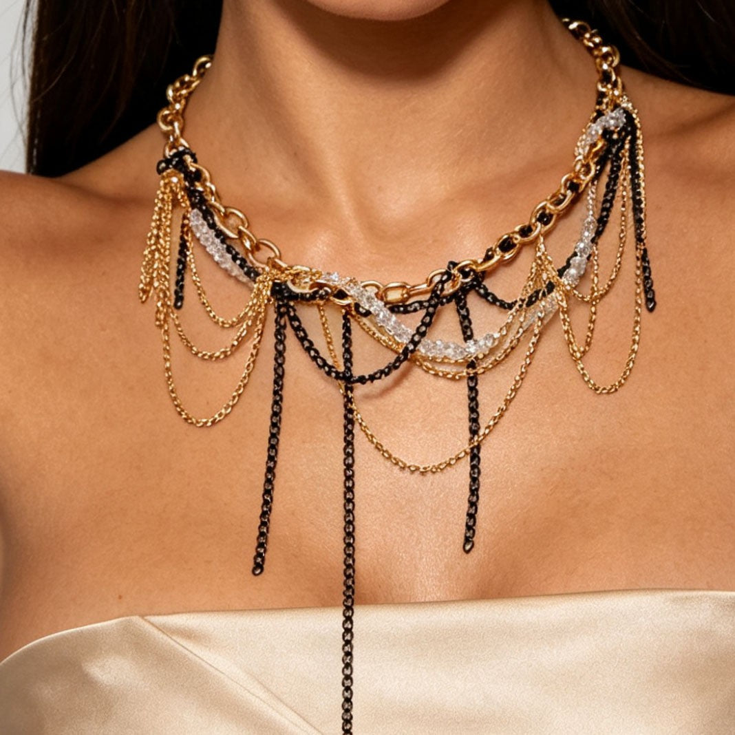 Classy Two-Tone Rhinestone Tassel Necklace