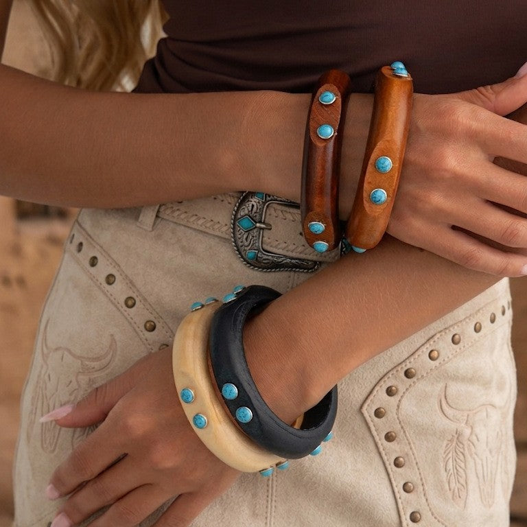 Boho Wood Turquoise Inlay Bangle