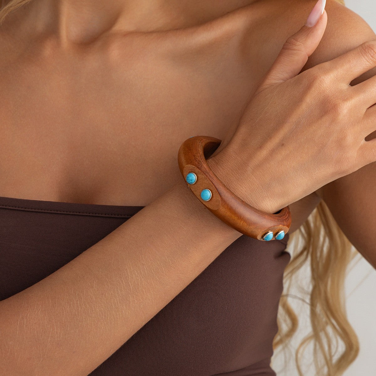 Boho Wood Turquoise Inlay Bangle