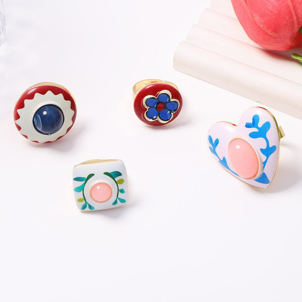 Romantic Enamel Floral Open Ring