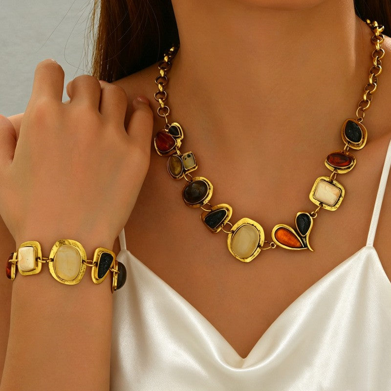 Classy Multi-Color Geometric Stone Necklace, Bracelet Set