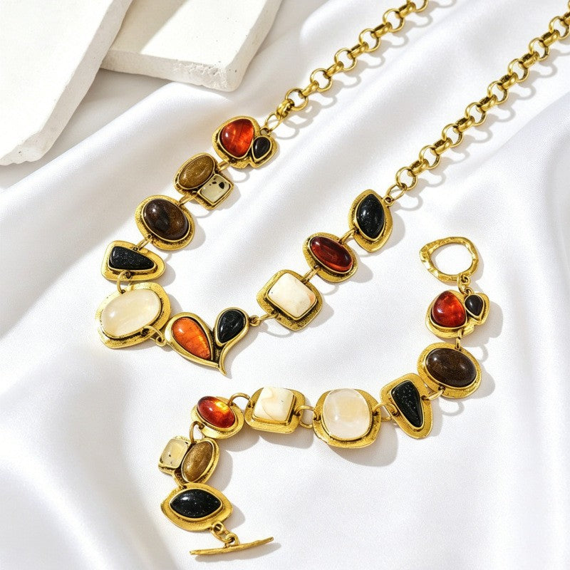 Classy Multi-Color Geometric Stone Necklace, Bracelet Set