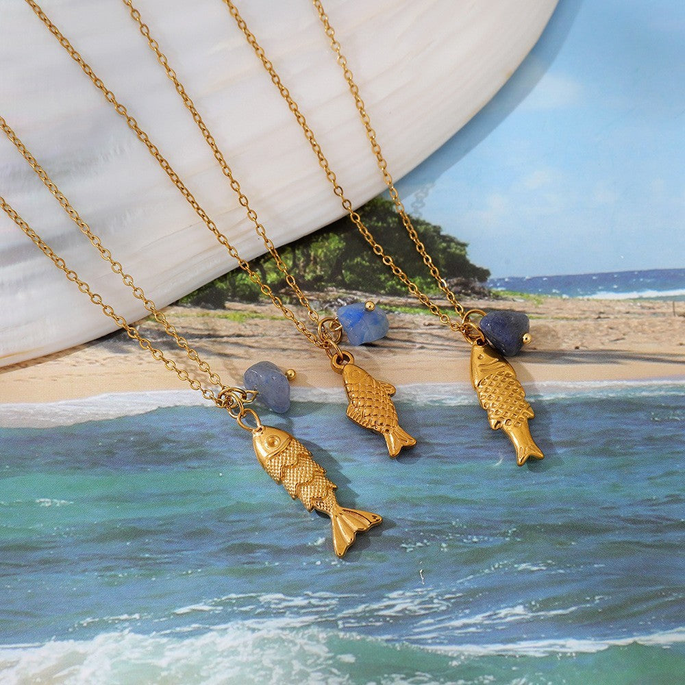 Dainty Layered Fish & Stone Necklace