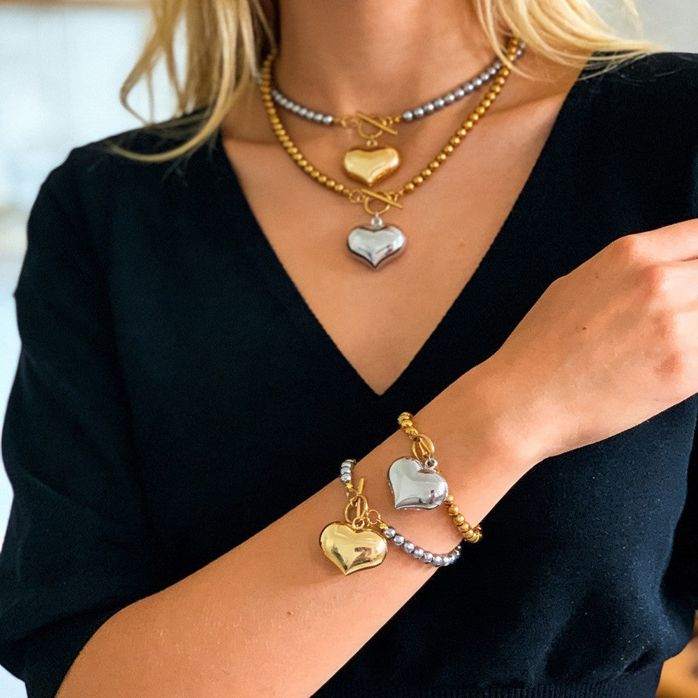 Classy Two-Tone Beaded Heart Toggle Set