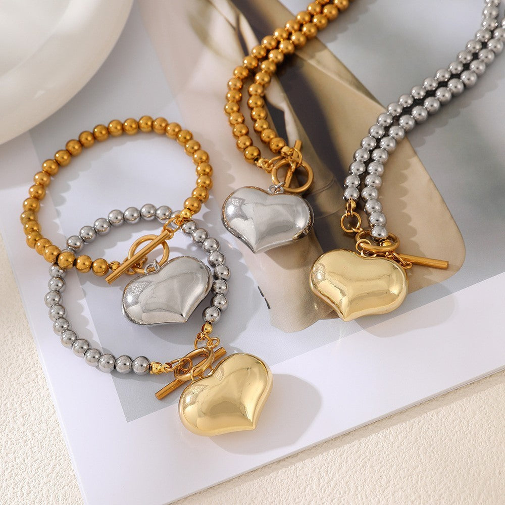 Classy Two-Tone Beaded Heart Toggle Set