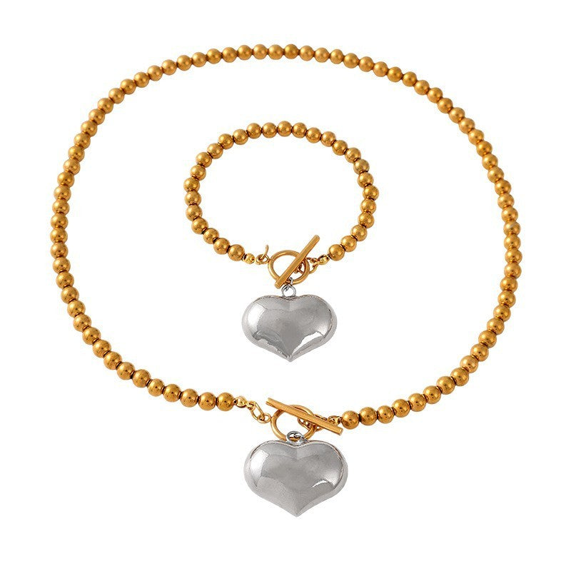 Classy Two-Tone Beaded Heart Toggle Set