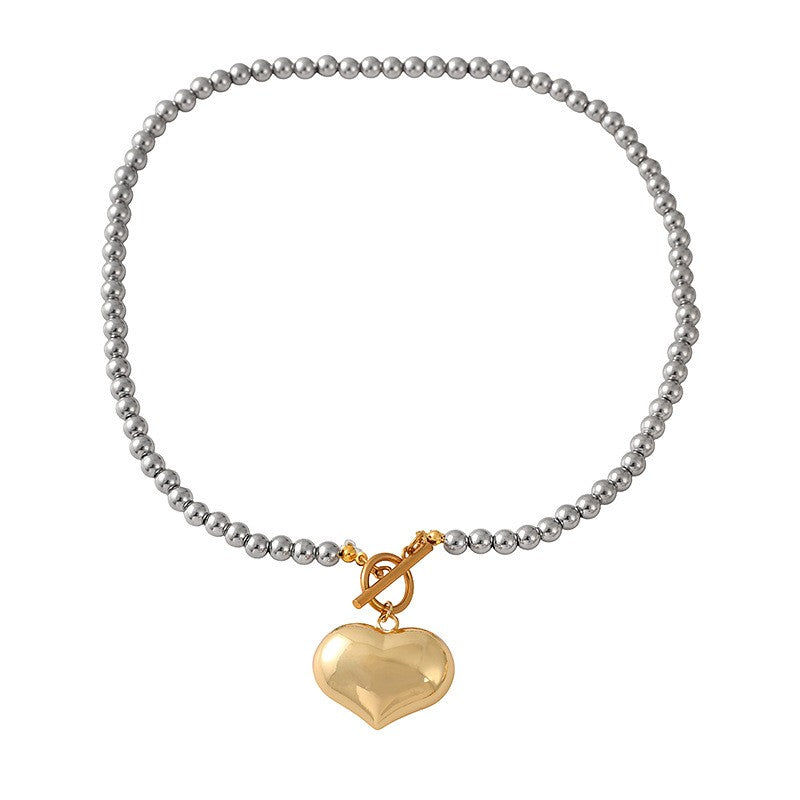 Classy Two-Tone Beaded Heart Toggle Set