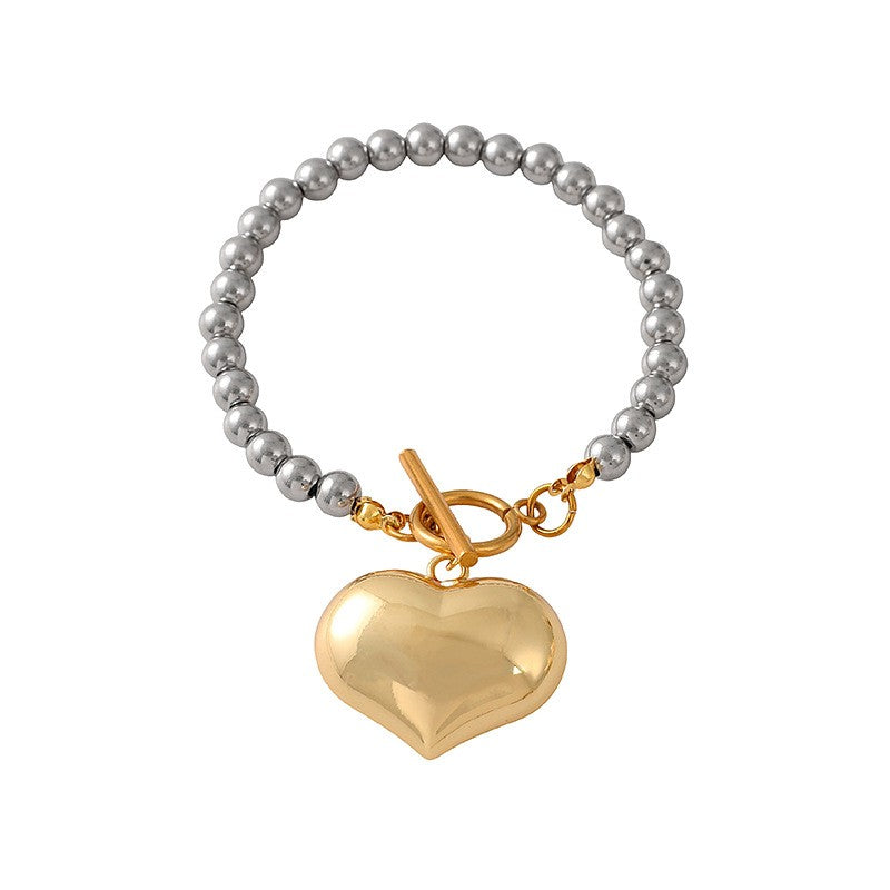 Classy Two-Tone Beaded Heart Toggle Set
