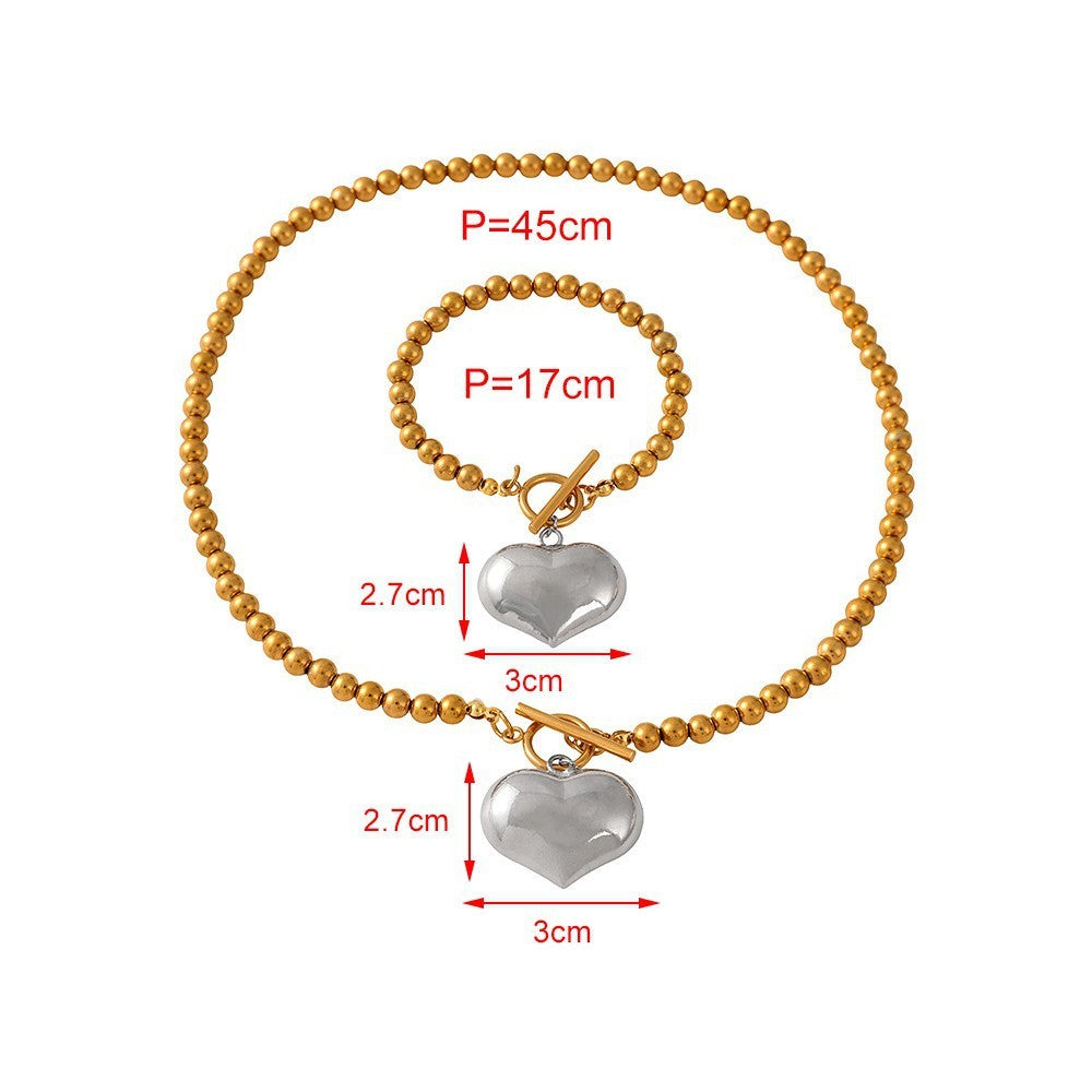 Classy Two-Tone Beaded Heart Toggle Set
