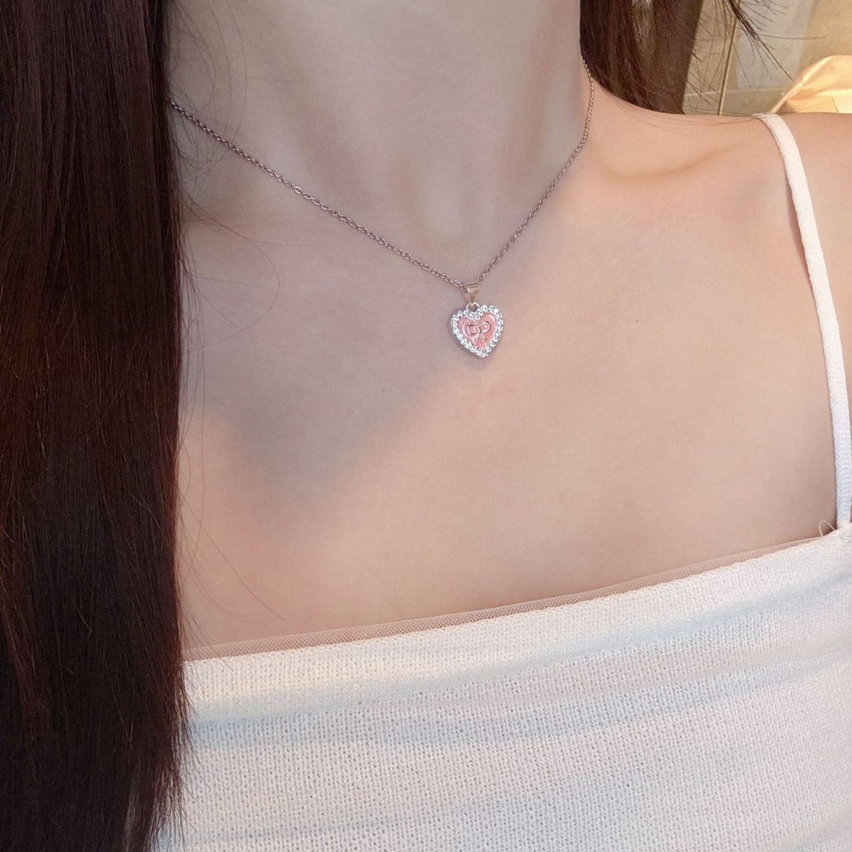 Romantic Enamel Heart Bow Necklace