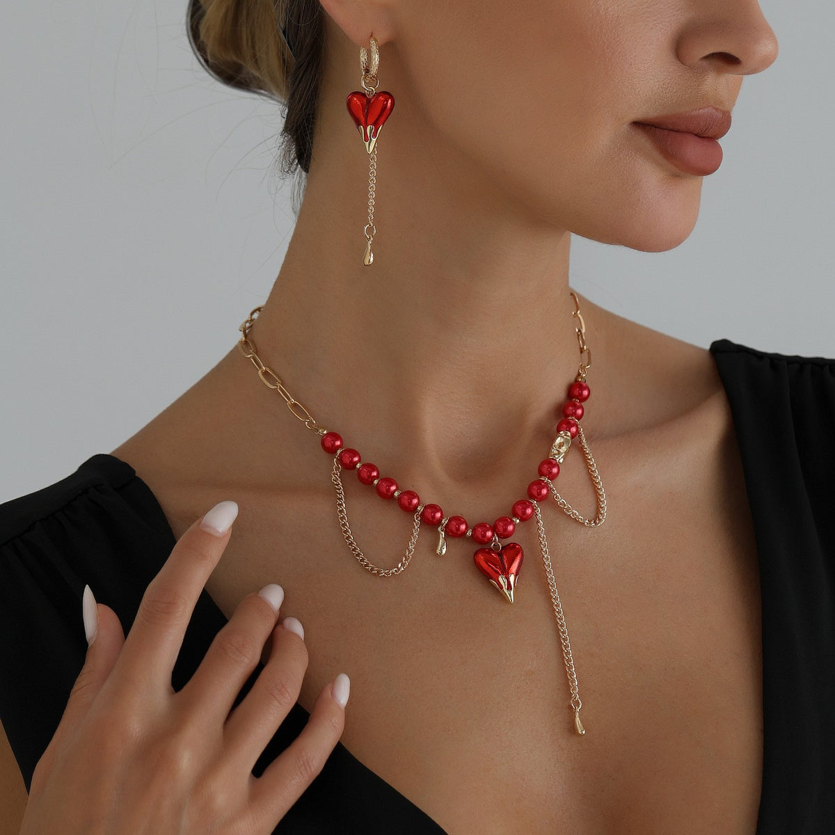 Romantic Red Beaded Heart Necklace & Earring Set