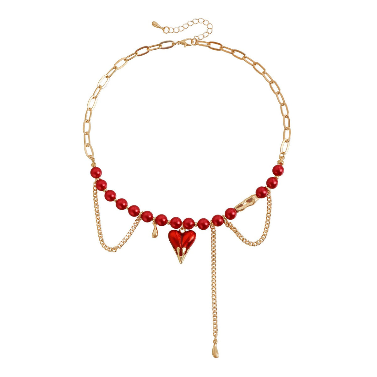 Romantic Red Beaded Heart Necklace & Earring Set