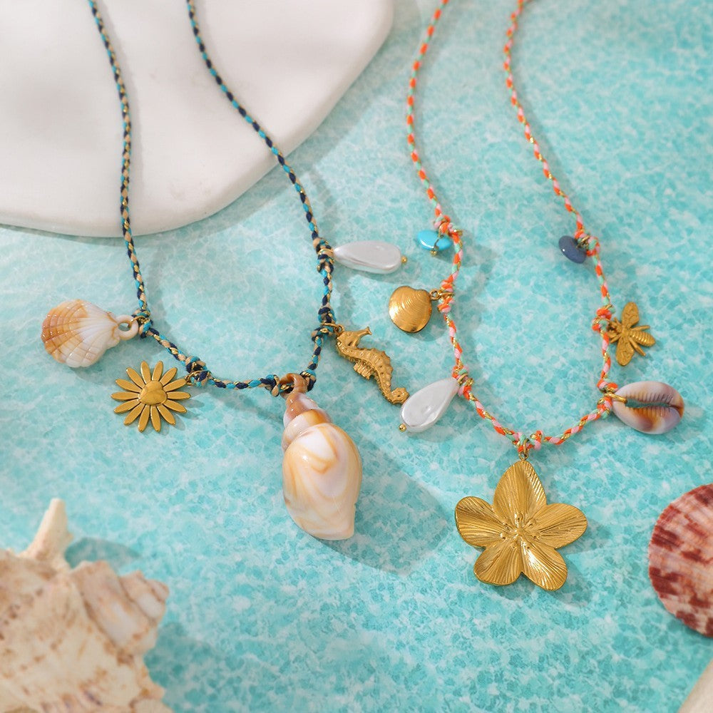 Boho Woven Shell & Seahorse Charm Necklace