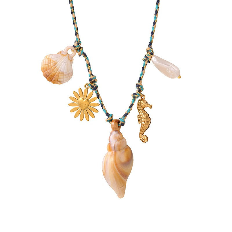 Boho Woven Shell & Seahorse Charm Necklace