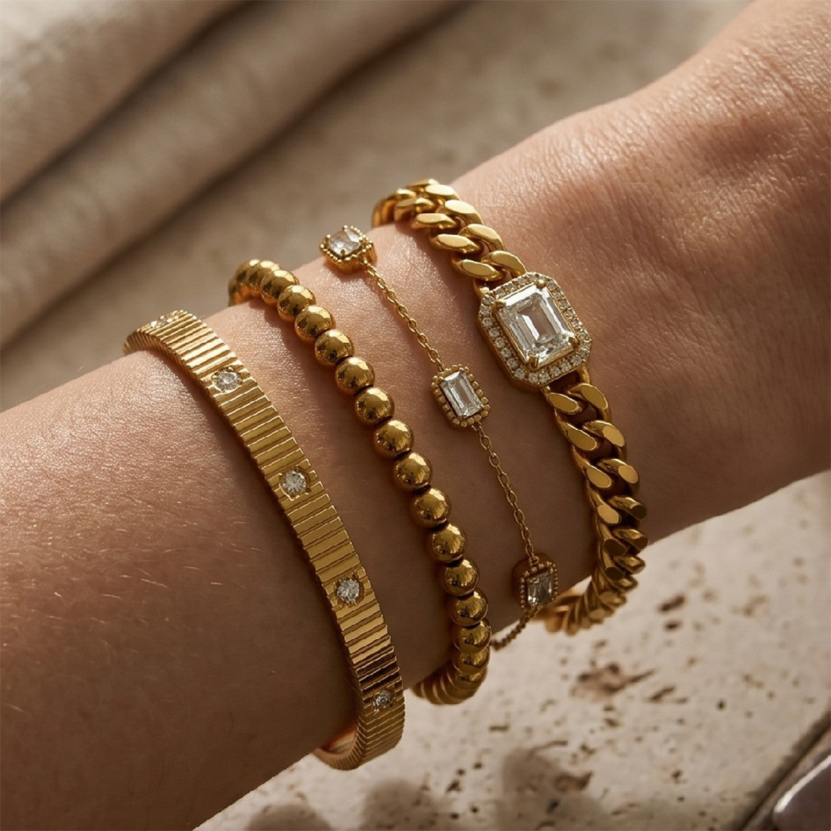Classy Geometric Chain & Bead Bracelet Stack