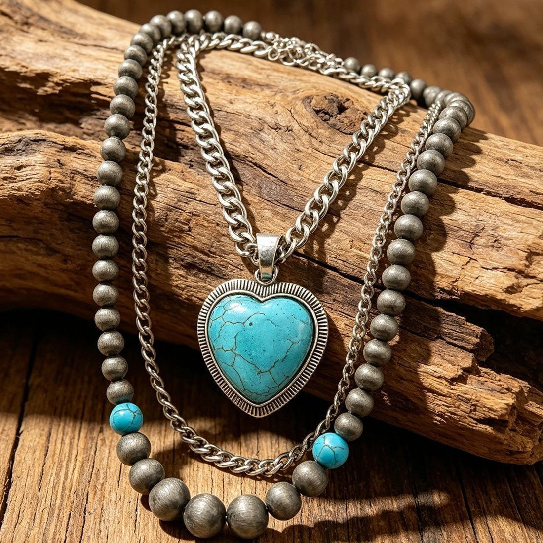 Boho Layered Turquoise Heart Necklace
