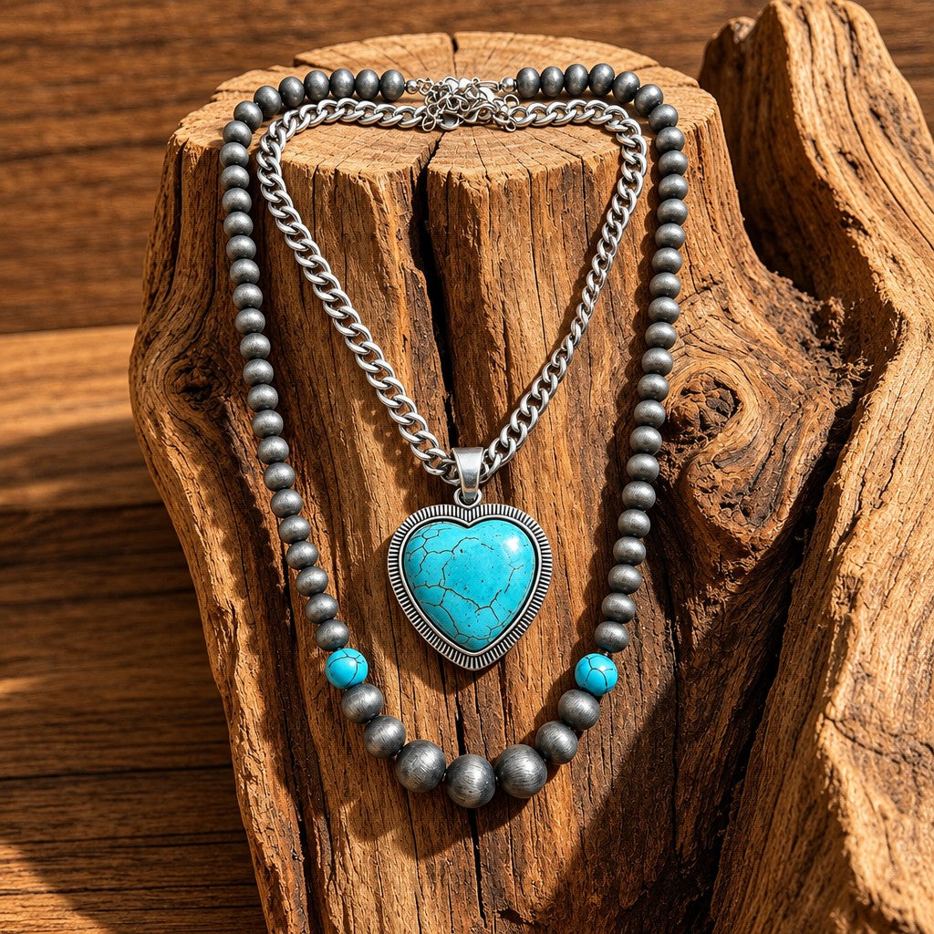 Boho Layered Turquoise Heart Necklace