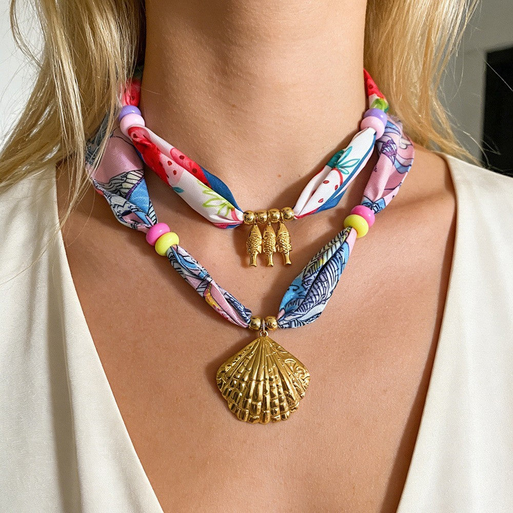 Boho Tropical Print Scarf Shell Necklace