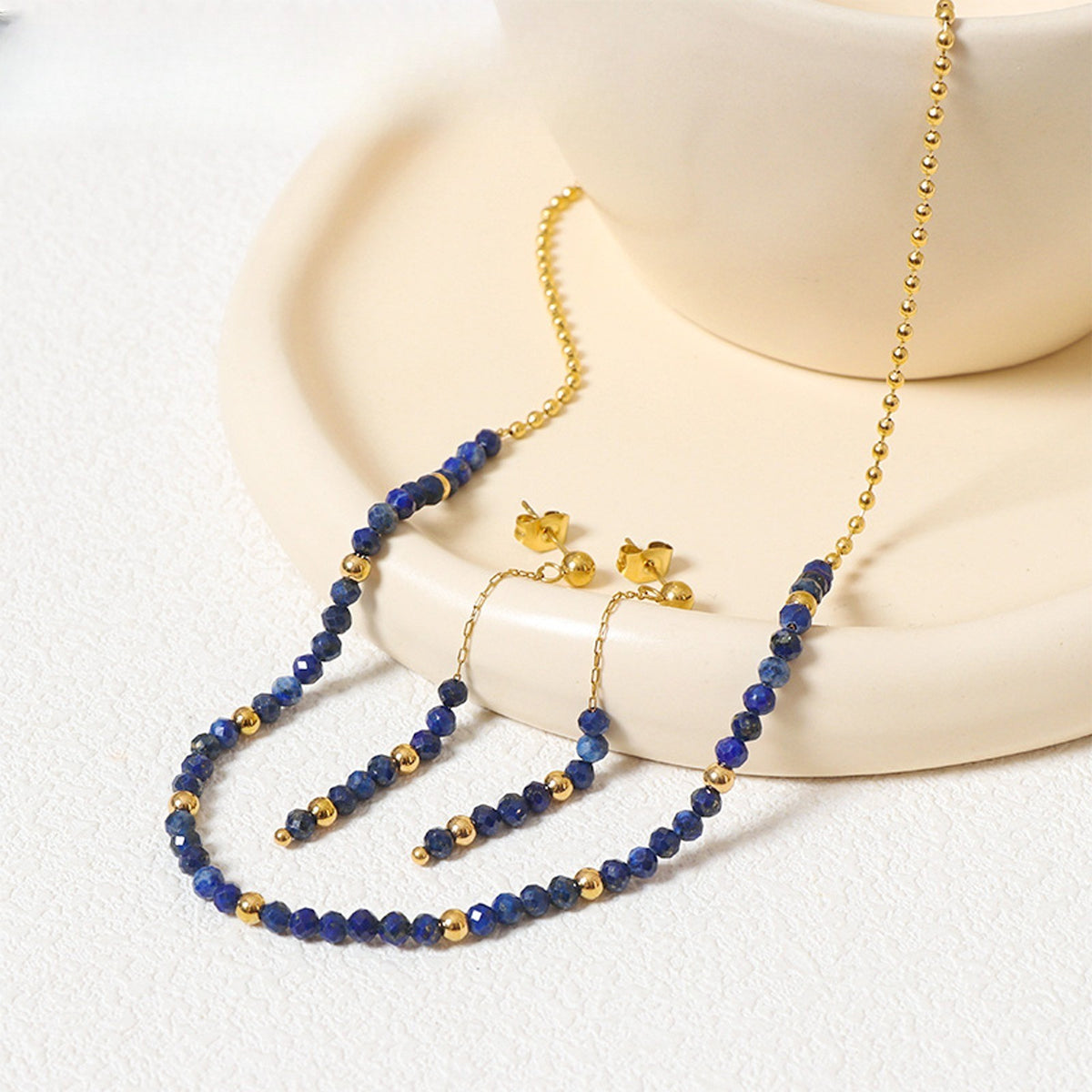 Boho Lapis Lazuli Beaded Necklace & Earring Set