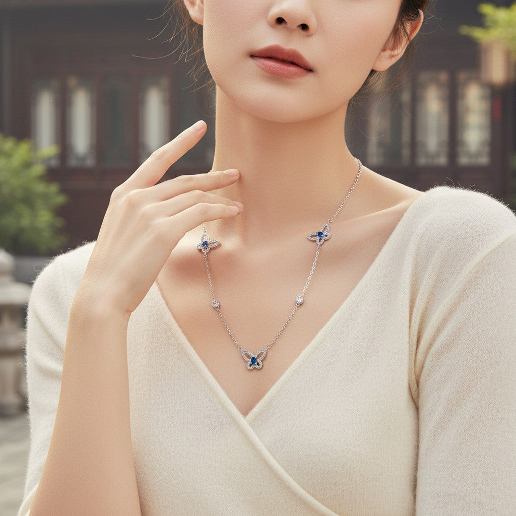 Elegant Blue Crystal Butterfly Station Necklace