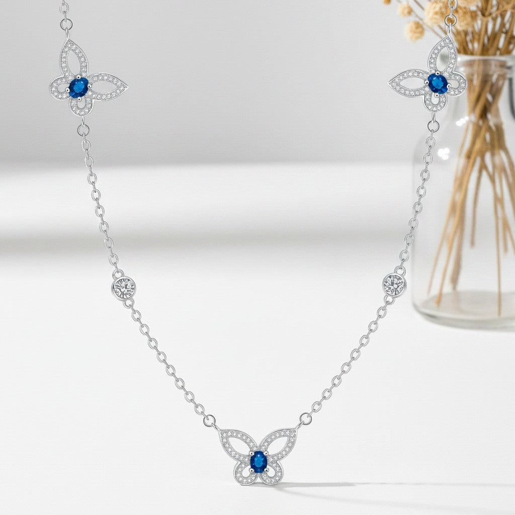 Elegant Blue Crystal Butterfly Station Necklace