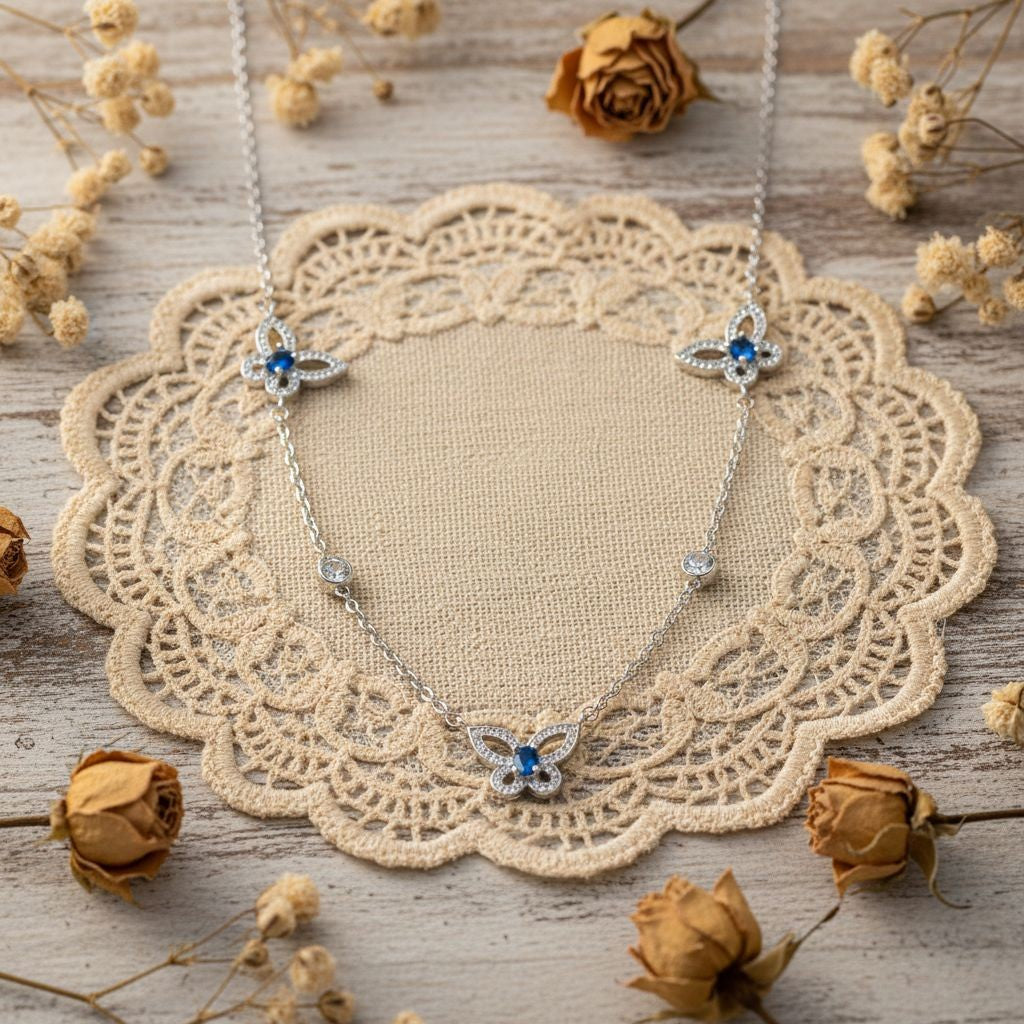 Elegant Blue Crystal Butterfly Station Necklace