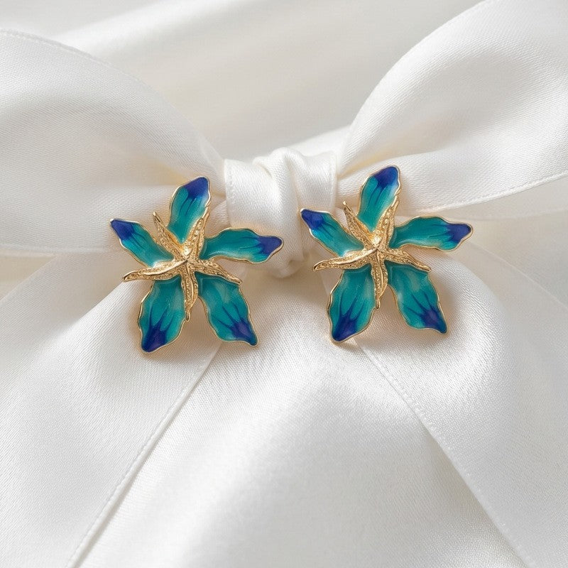 Classy Blue Enamel Flower Stud Earrings
