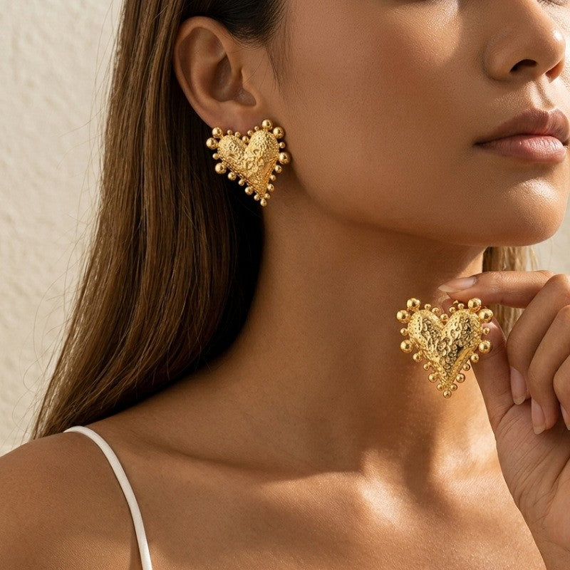 Classy Textured Beaded Heart Stud Earrings