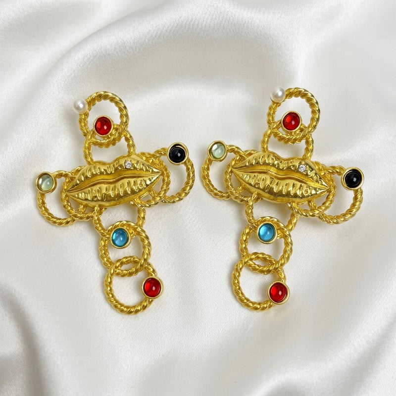 Classy Multicolor Gemstone Lips Cross Earrings