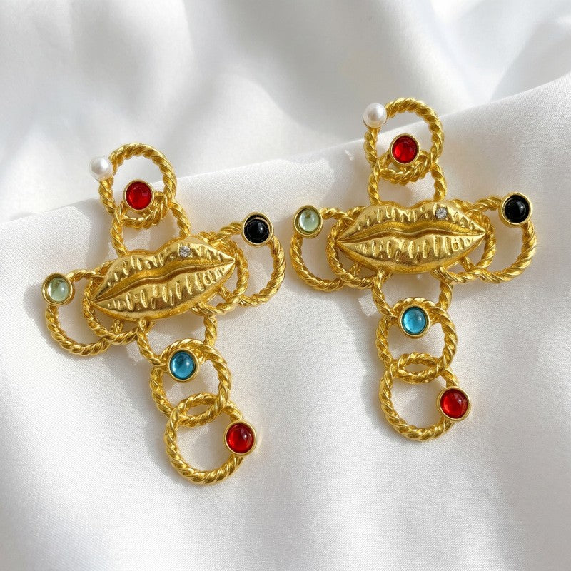Classy Multicolor Gemstone Lips Cross Earrings