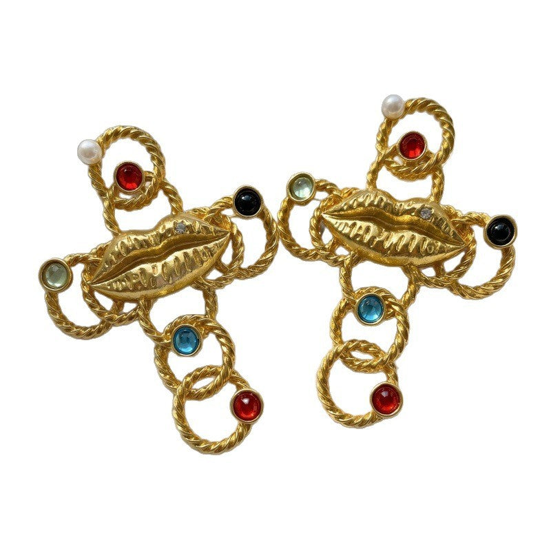 Classy Multicolor Gemstone Lips Cross Earrings