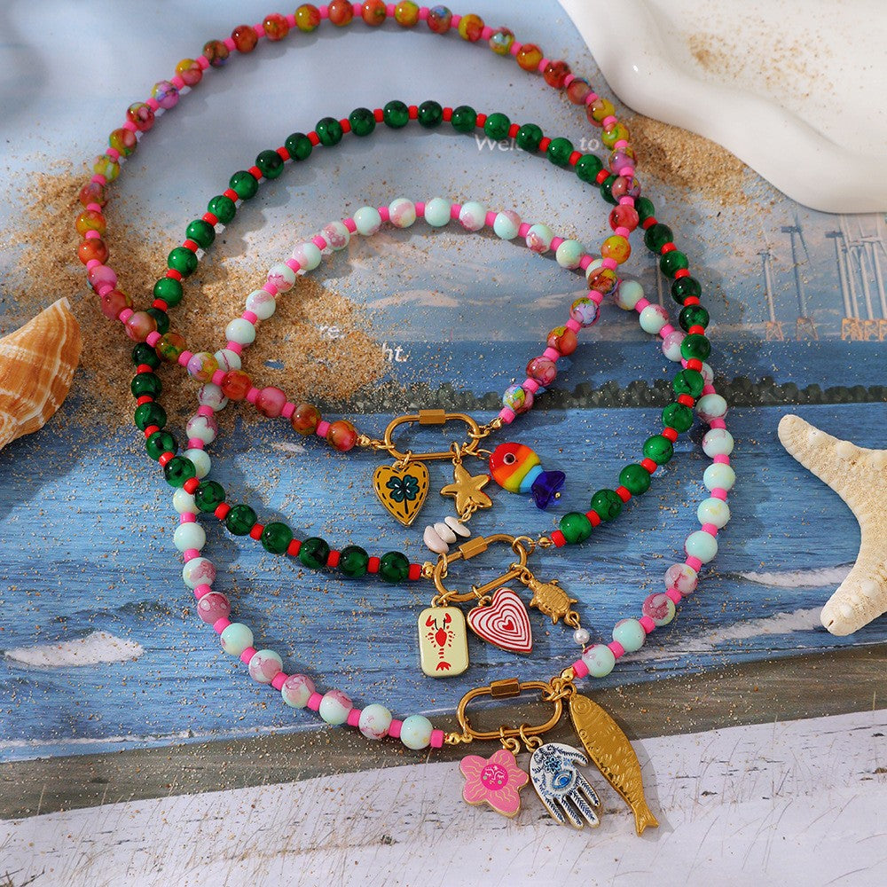 Boho Beaded Evil Eye & Fish Charm Necklace