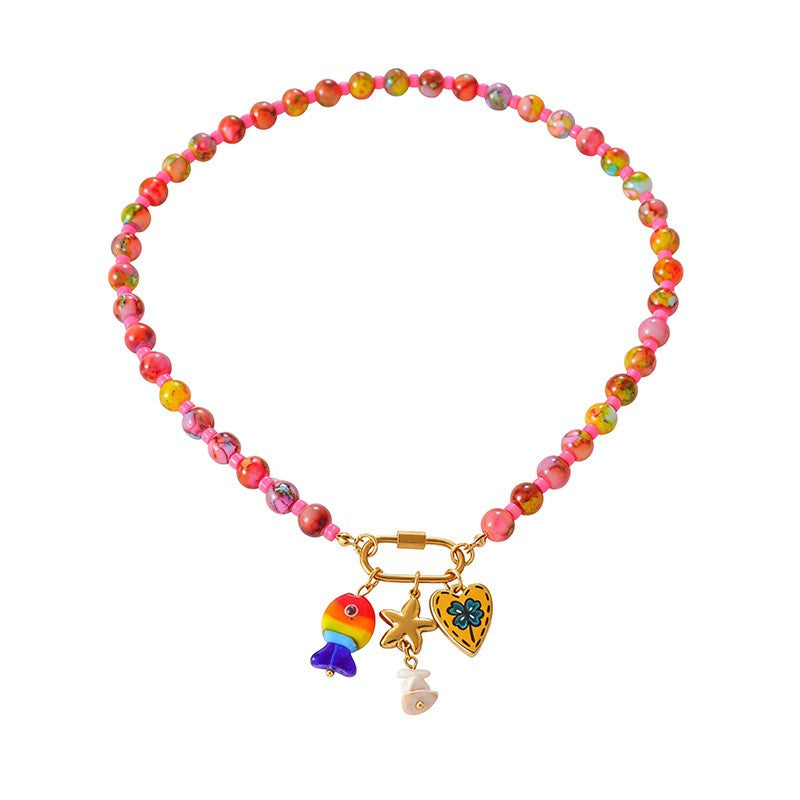 Boho Beaded Evil Eye & Fish Charm Necklace