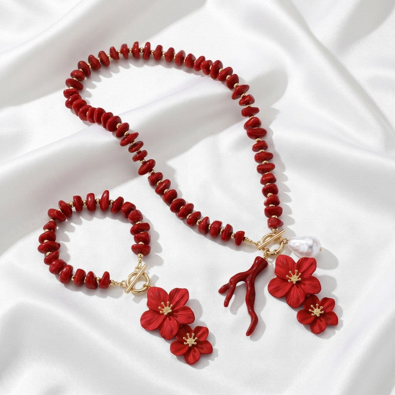 Romantic Red Floral Faux Pearl OT Necklace & Bracelet Set
