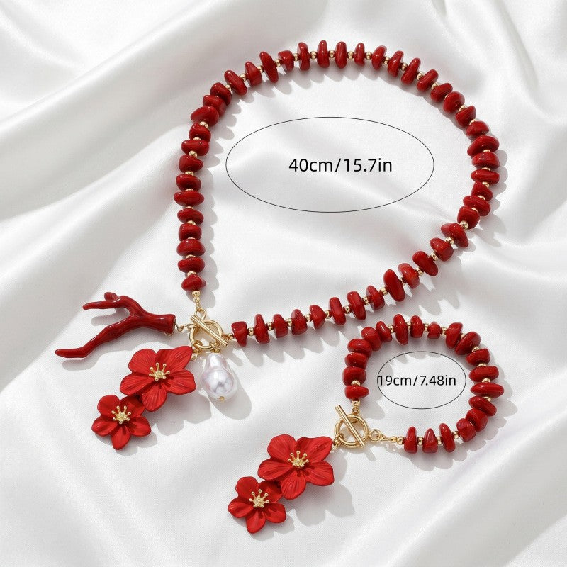 Romantic Red Floral Faux Pearl OT Necklace & Bracelet Set