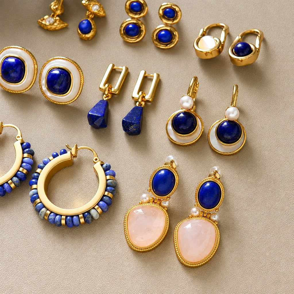 Vintage Geometric Lapis Earring Set