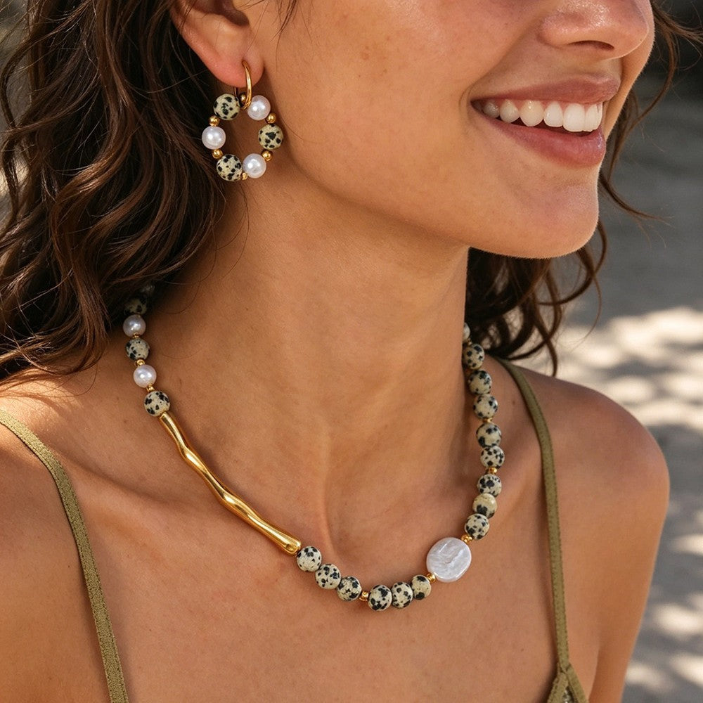 Boho Dalmatian Stone & Pearl Necklace and Hoop Earring Set