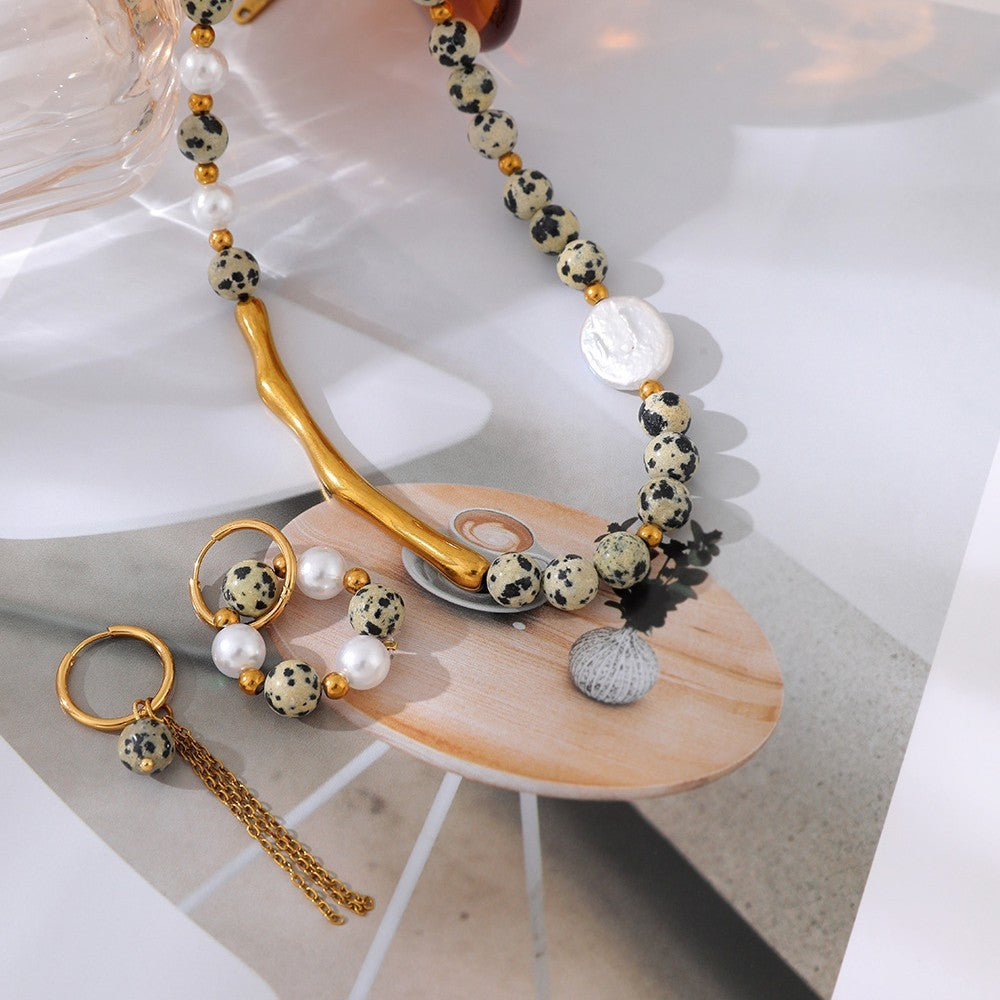 Boho Dalmatian Stone & Pearl Necklace and Hoop Earring Set