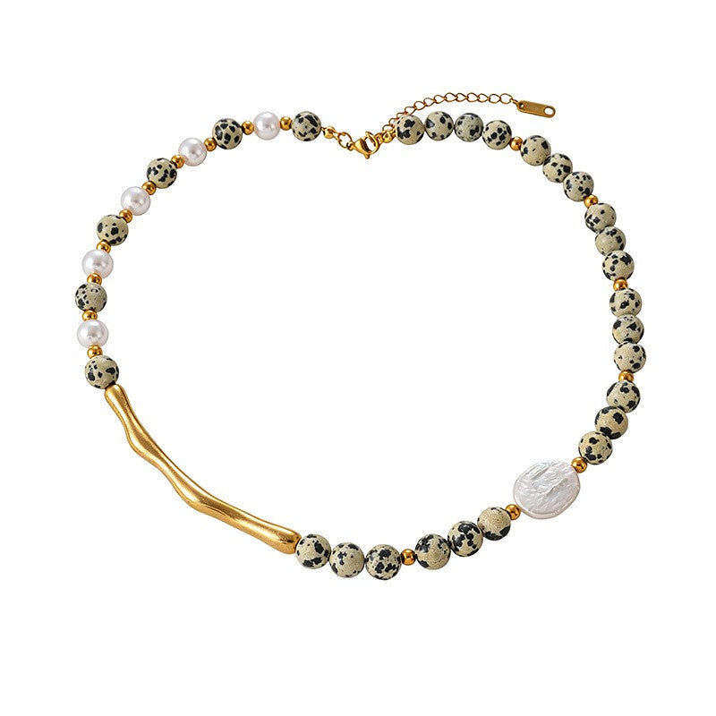 Boho Dalmatian Stone & Pearl Necklace and Hoop Earring Set