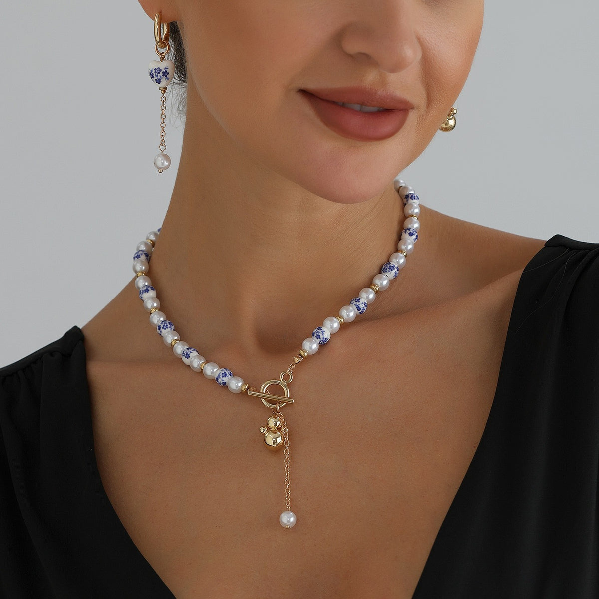 Classy Blue Porcelain Gourd Necklace & Earring Set